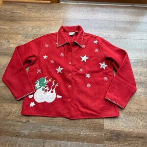 Take Two Women's L Christmas Jacket Red Wool Blend Snowman Winter